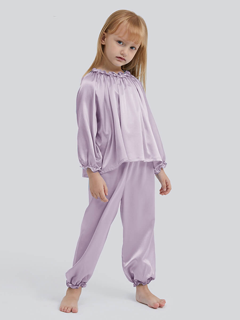 Kids Satin Pajama Sets Pink Gold Silk Pajamas Long Sleeve Top