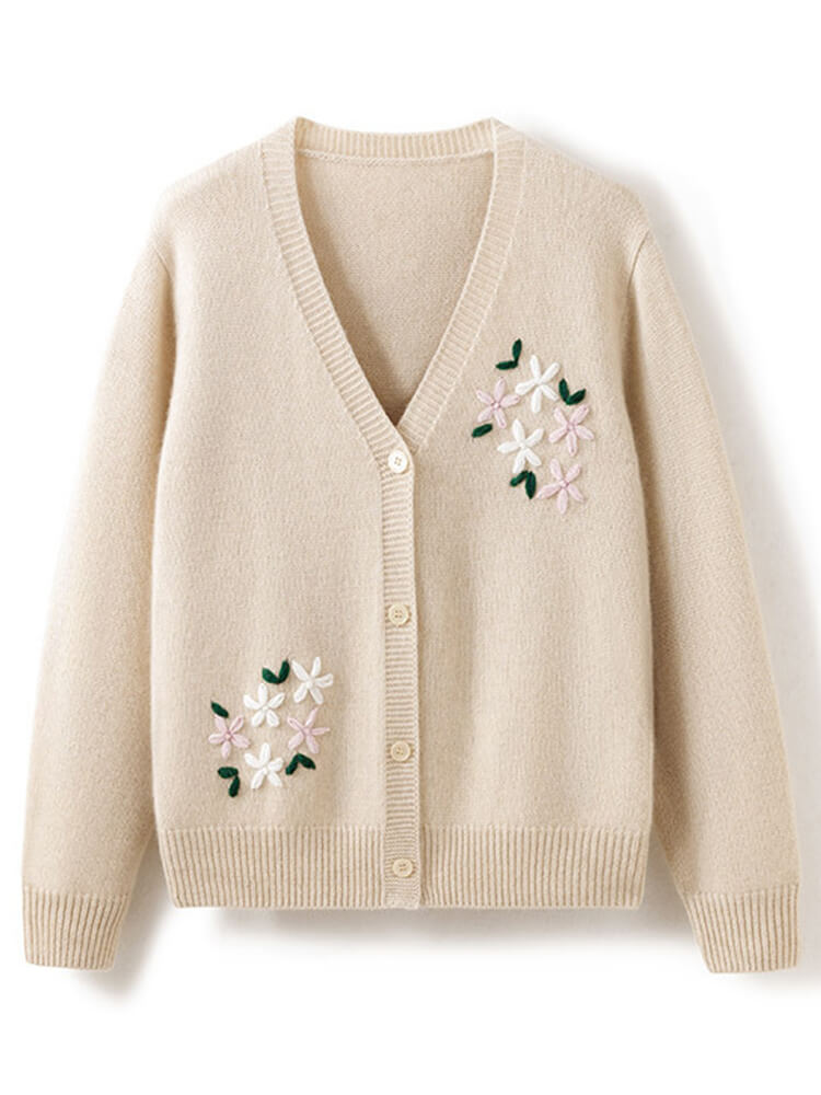 Embroidered V Neck Cashmere Cardigan Sweater CC019 249.00
