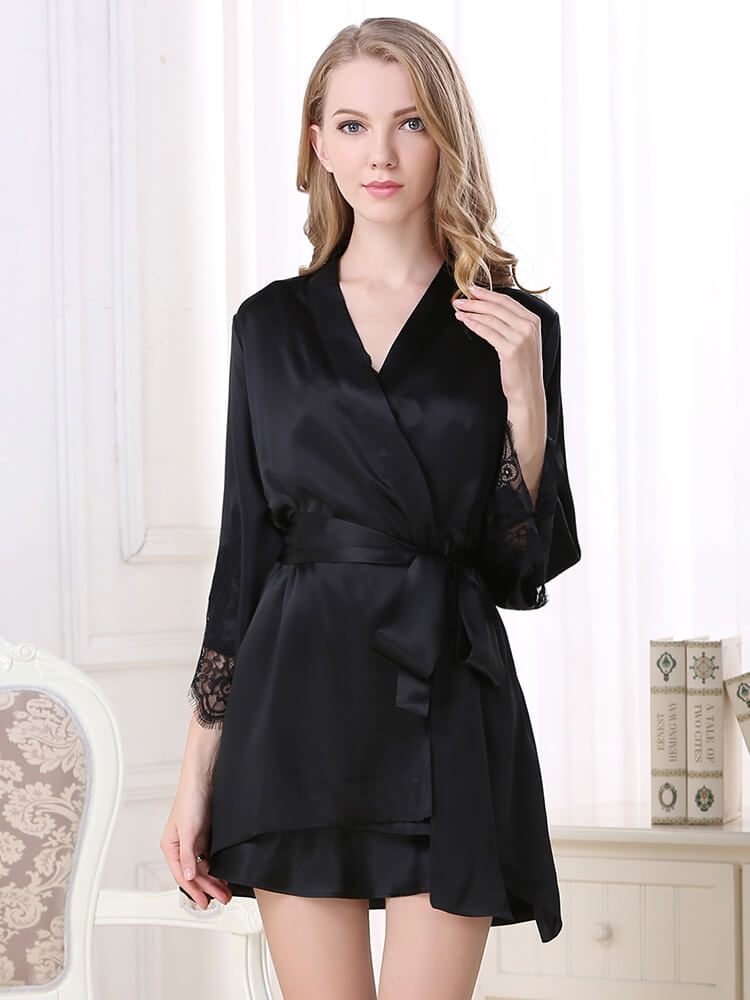 Womens Short Silk Nightgown And Robe Set With Lace Trim [FS009] 179.