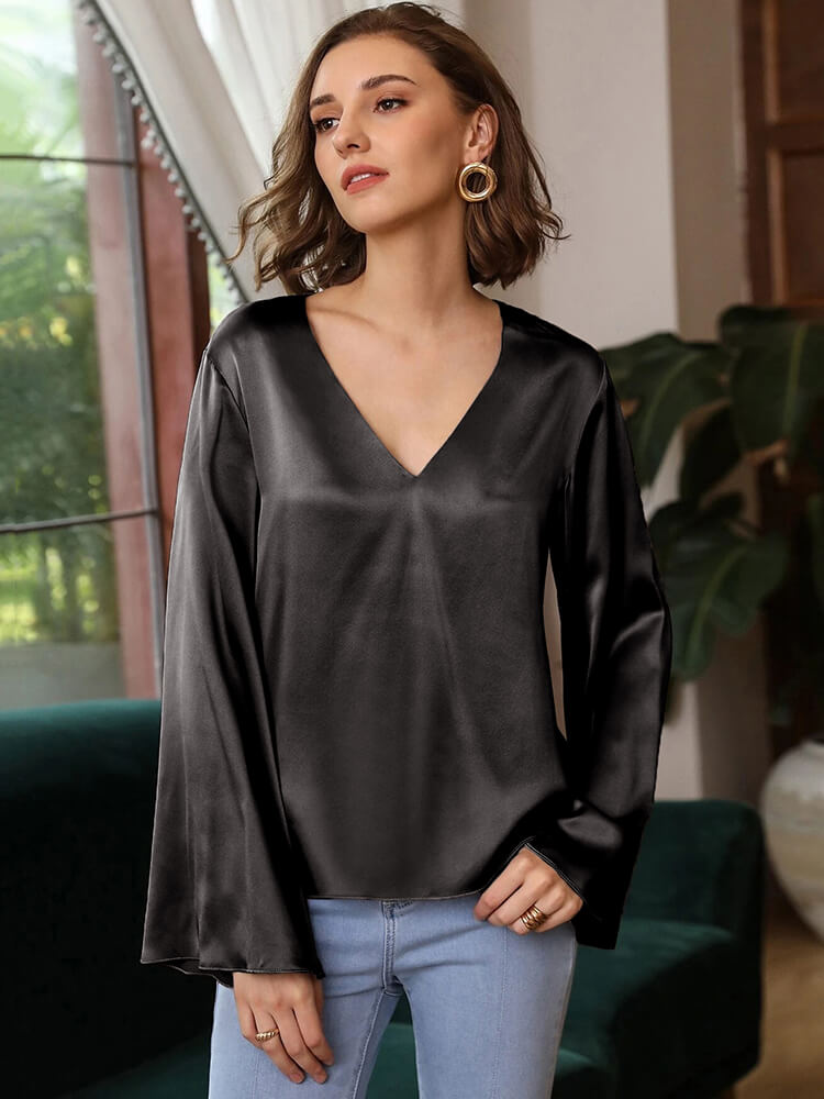 22 Momme Womens Long Sleeve Sexy V-neck Wrap Silk Blouse [SC027