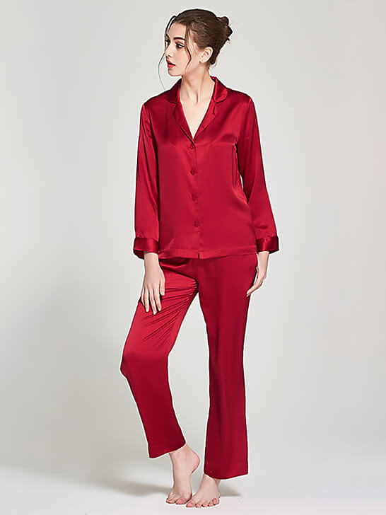 22 Momme Long Silk Pajamas Set with Contrast Trim