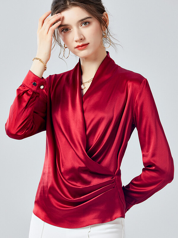 22 Momme Womens Long Sleeve Sexy V-neck Wrap Silk Blouse [SC027