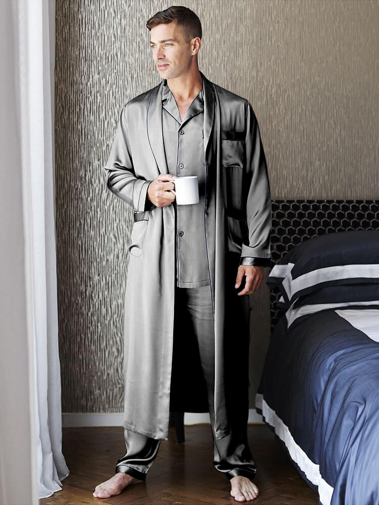 100% Men's Silk Robe Luxury Long Silk Bathrobe Pure Male Silk Robes - Navy  Blue / XS