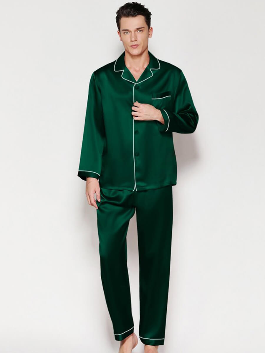 19 Momme Men Classic Long Silk Pajama Set with Trimming [FS001