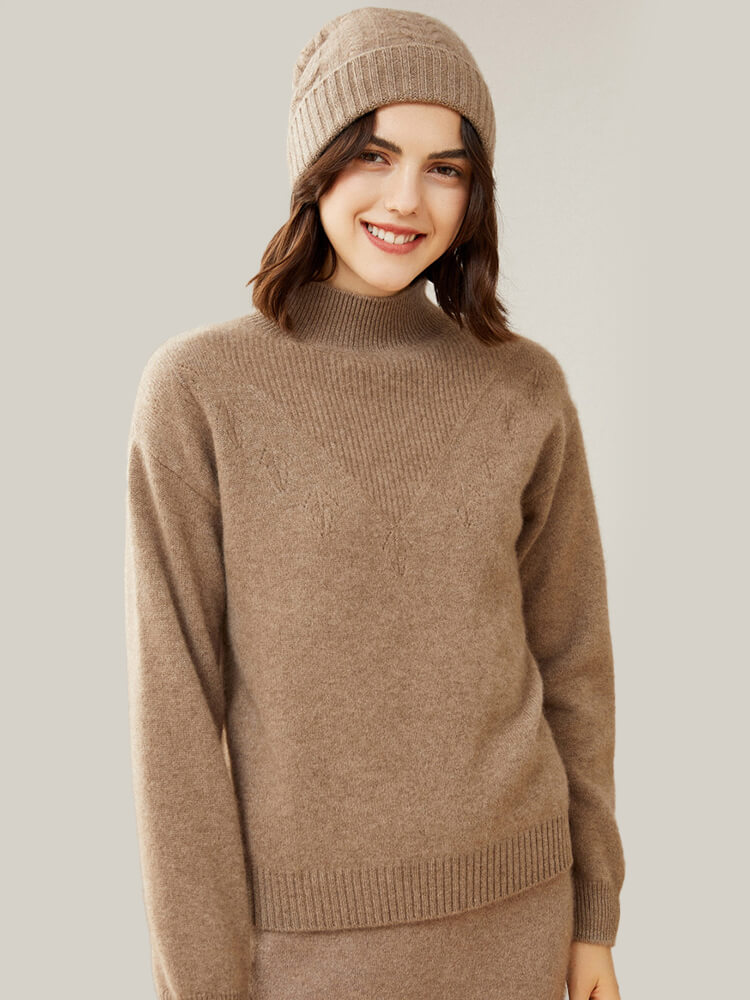 Loose Ribbed Mock Neck Cashmere Sweater for Women [CS004