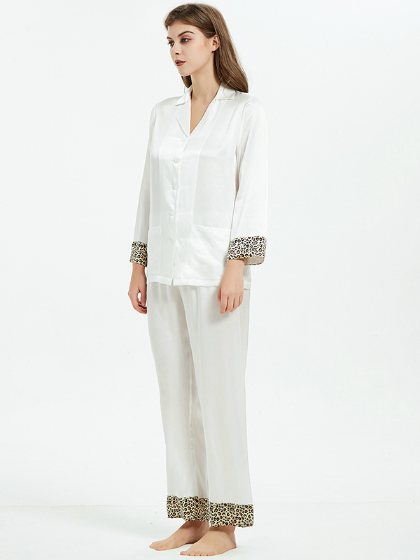 Leopard Contrasted White Long Silk Pajama Set With Drawstring