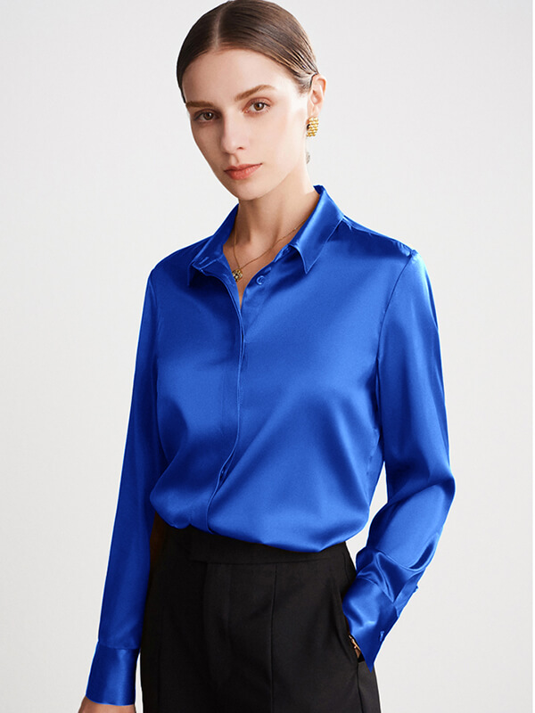 (M/Royal Blue) Concealed Placket Silk Blouse For Women
