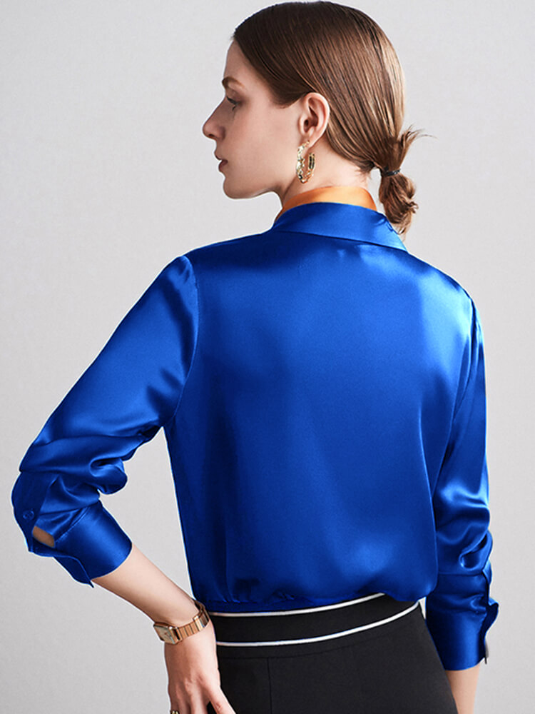 (M/Royal Blue) Concealed Placket Silk Blouse For Women