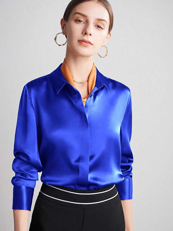 (M/Royal Blue) Concealed Placket Silk Blouse For Women