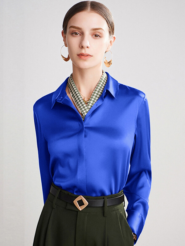 (M/Royal Blue) Concealed Placket Silk Blouse For Women