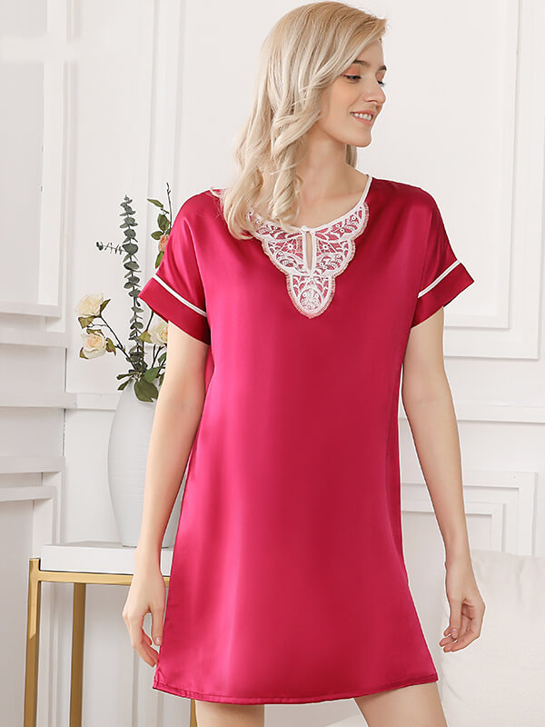 (L/Hot Pink) Short-Sleeve Silk Lace Nightgown