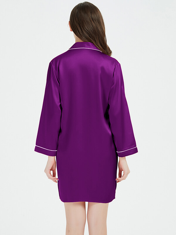 (XXL/Violet) Button Up Silk Sleep Shirt For Women