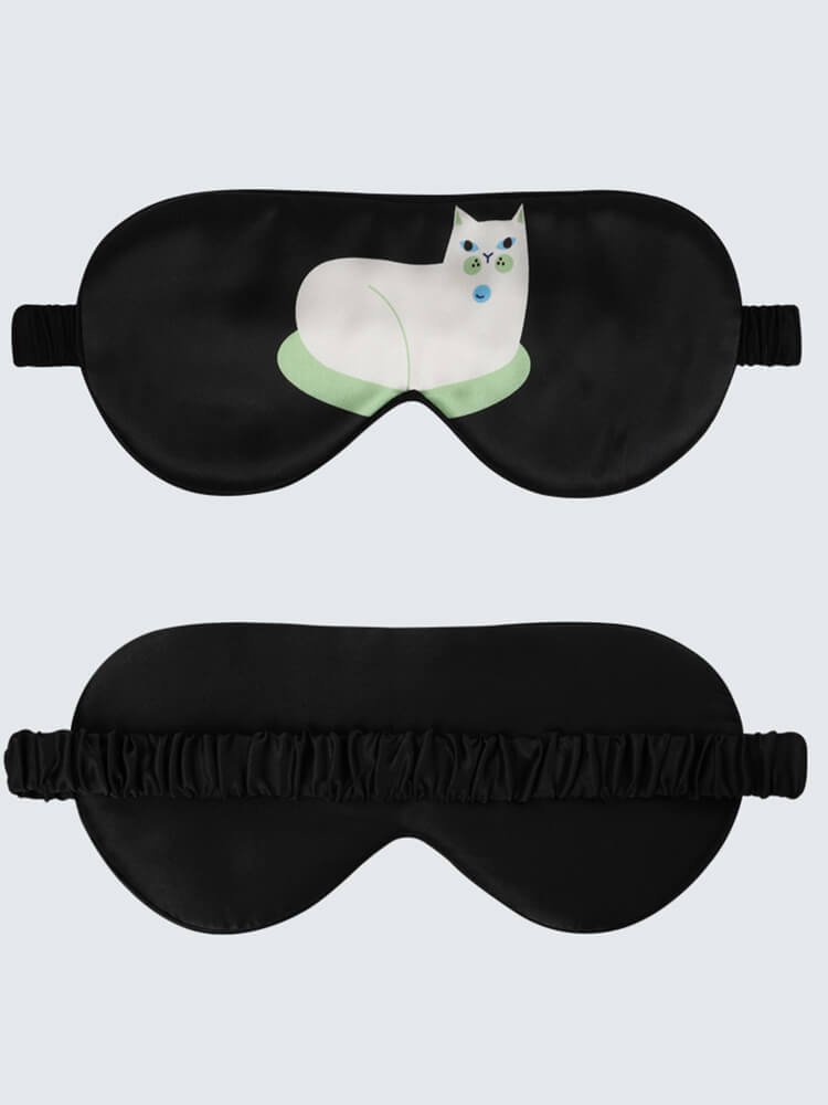 Ladies Cute Cat Print Fresh Color Silk Sleep Mask