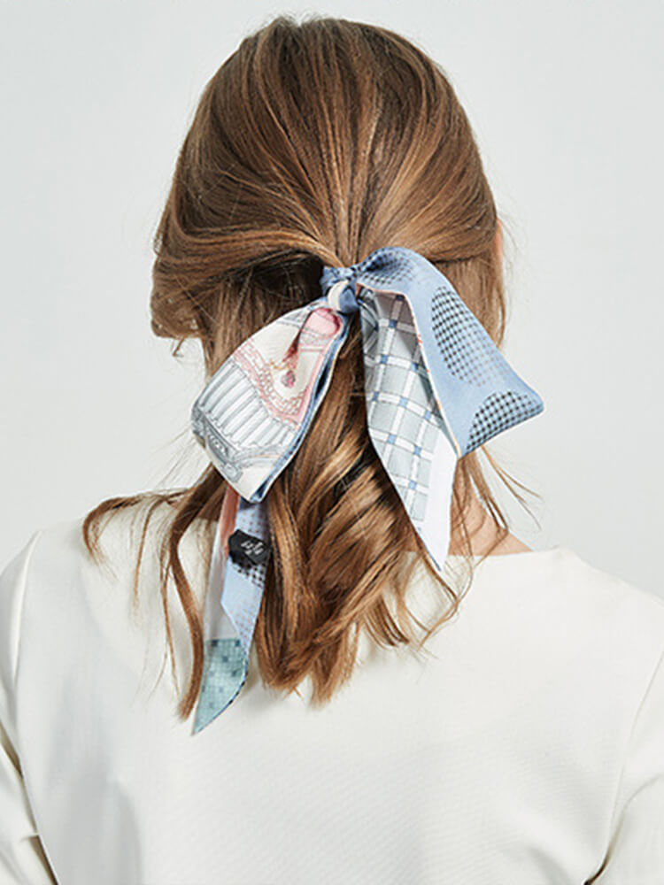 Light Blue Printed Long Silk Headband Silk Scarves