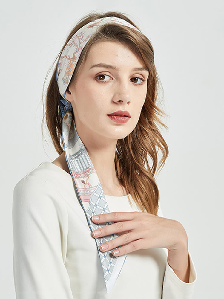 Light Blue Printed Long Silk Headband Silk Scarves