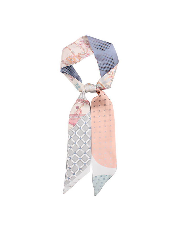 Light Blue Printed Long Silk Headband Silk Scarves