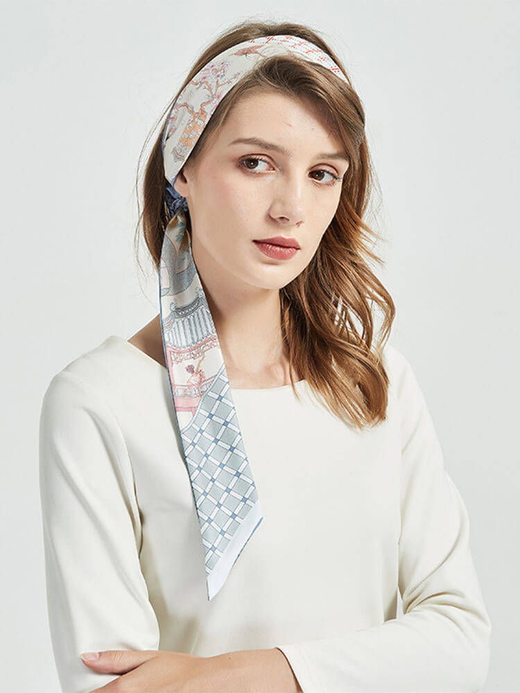 Light Blue Printed Long Silk Headband Silk Scarves