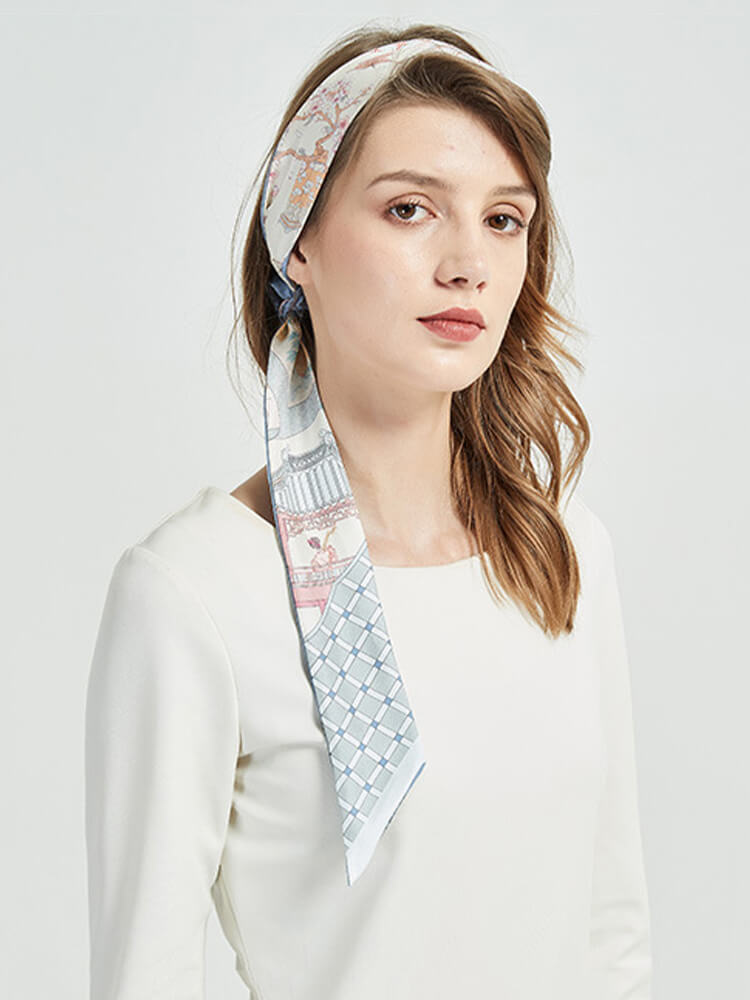 Light Blue Printed Long Silk Headband Silk Scarves