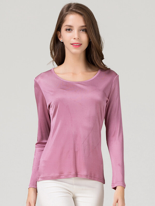 Womens Round Neck Long-sleeve Silk Knitwear Base T-shirt