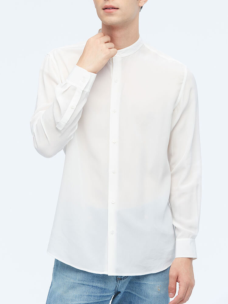 Formal Band Collar Mens Long Sleeve Silk Shirts