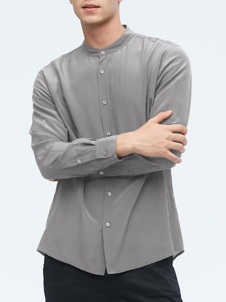 Formal Band Collar Mens Long Sleeve Silk Shirts