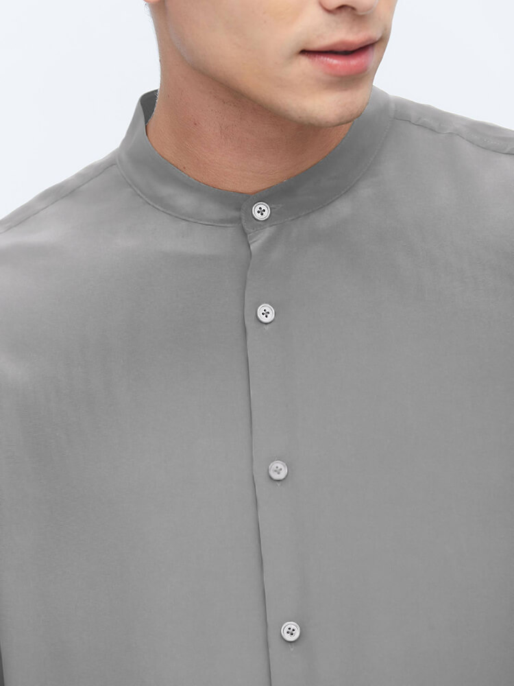 Formal Band Collar Mens Long Sleeve Silk Shirts