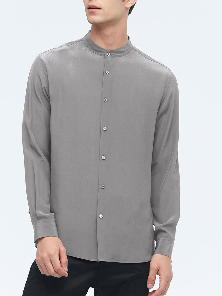 Formal Band Collar Mens Long Sleeve Silk Shirts