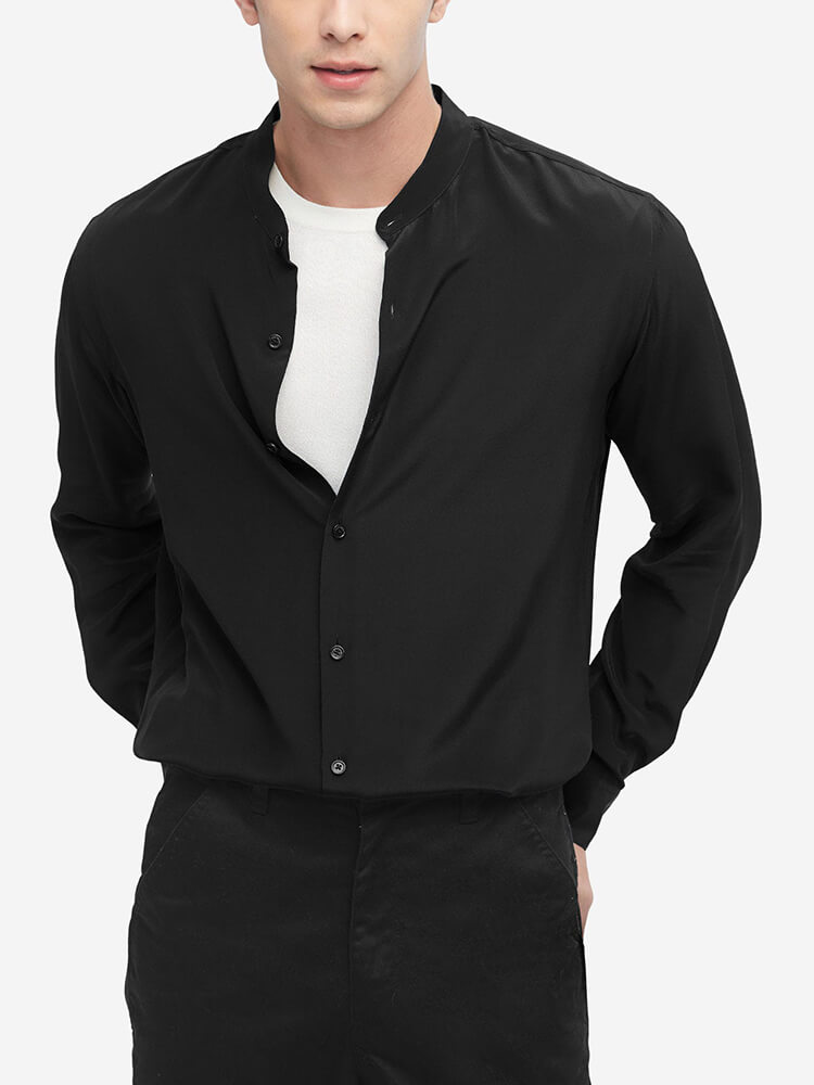Formal Band Collar Mens Long Sleeve Silk Shirts