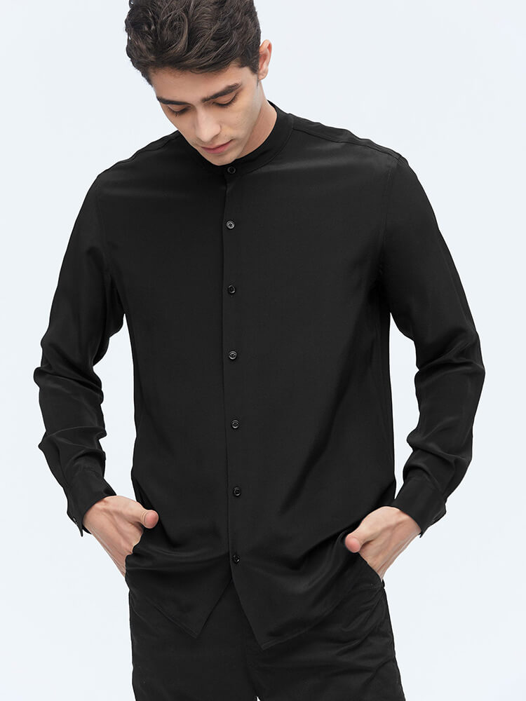 Formal Band Collar Mens Long Sleeve Silk Shirts