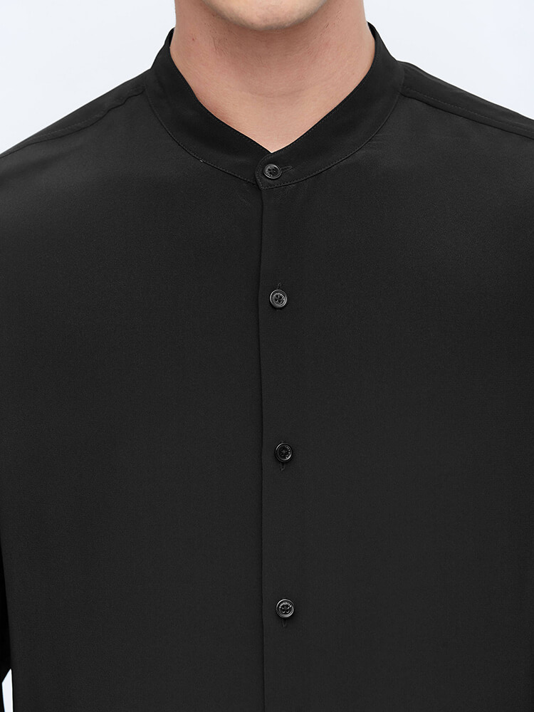 Formal Band Collar Mens Long Sleeve Silk Shirts