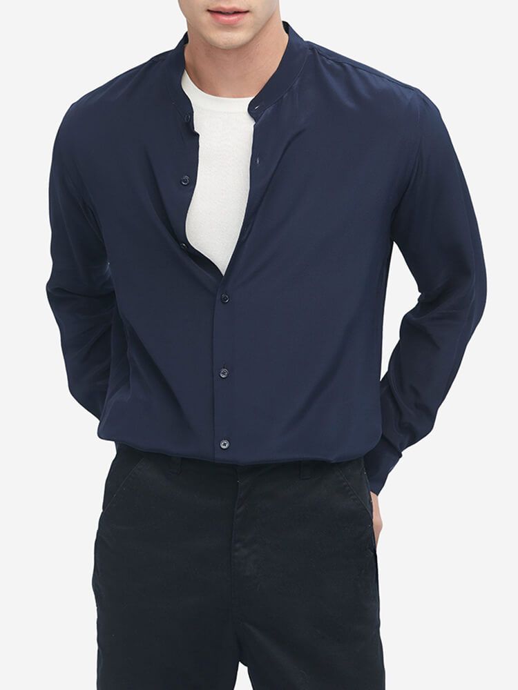 Formal Band Collar Mens Long Sleeve Silk Shirts