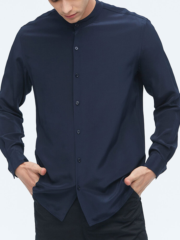 Formal Band Collar Mens Long Sleeve Silk Shirts