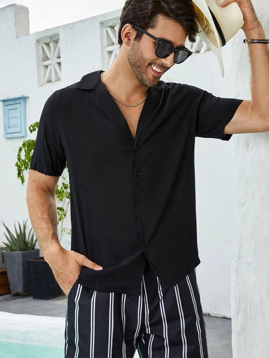 Men’s Relaxed-Fit Short Sleeve Button-Up Silk Camp Collar Shirt