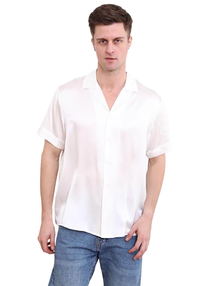 22 Momme Mens Short Sleeve Lapel Collar Silk Shirts