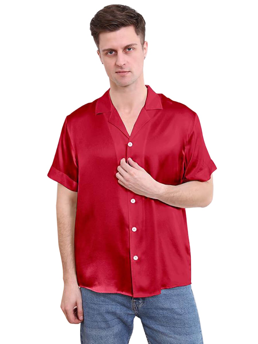 22 Momme Mens Short Sleeve Lapel Collar Silk Shirts