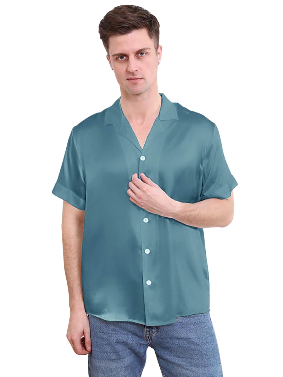 22 Momme Mens Short Sleeve Lapel Collar Silk Shirts