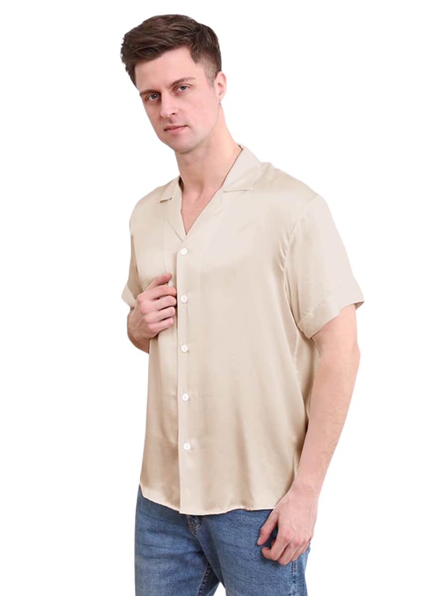 22 Momme Mens Short Sleeve Lapel Collar Silk Shirts