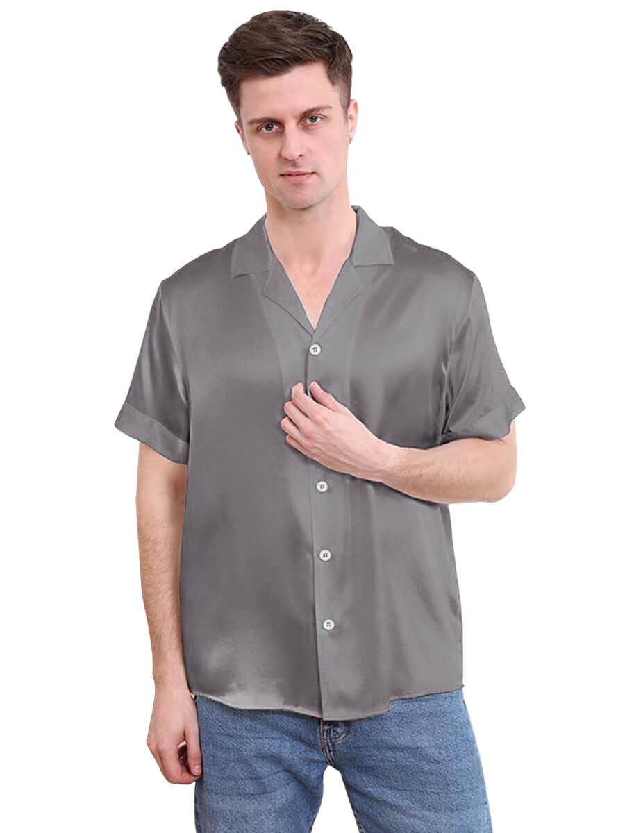 22 Momme Mens Short Sleeve Lapel Collar Silk Shirts