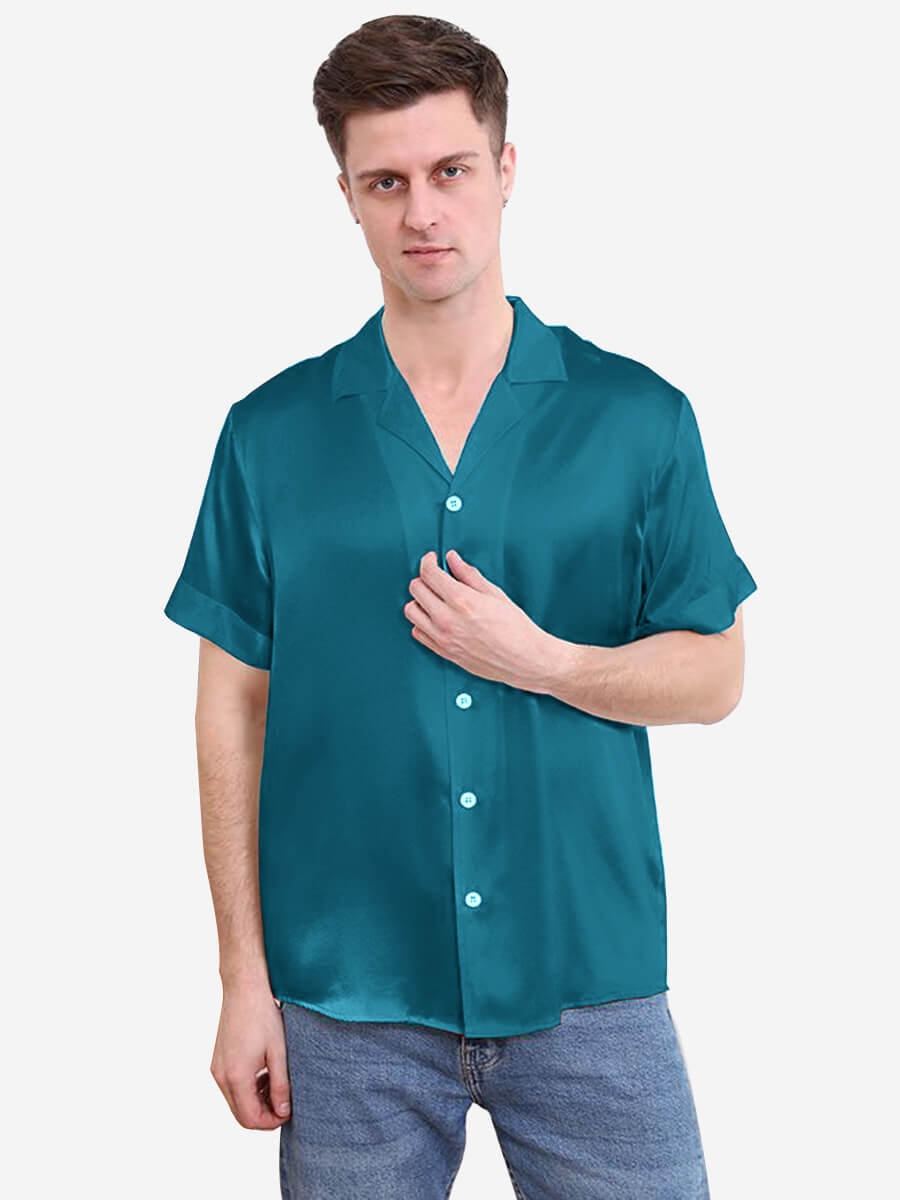 22 Momme Mens Short Sleeve Lapel Collar Silk Shirts