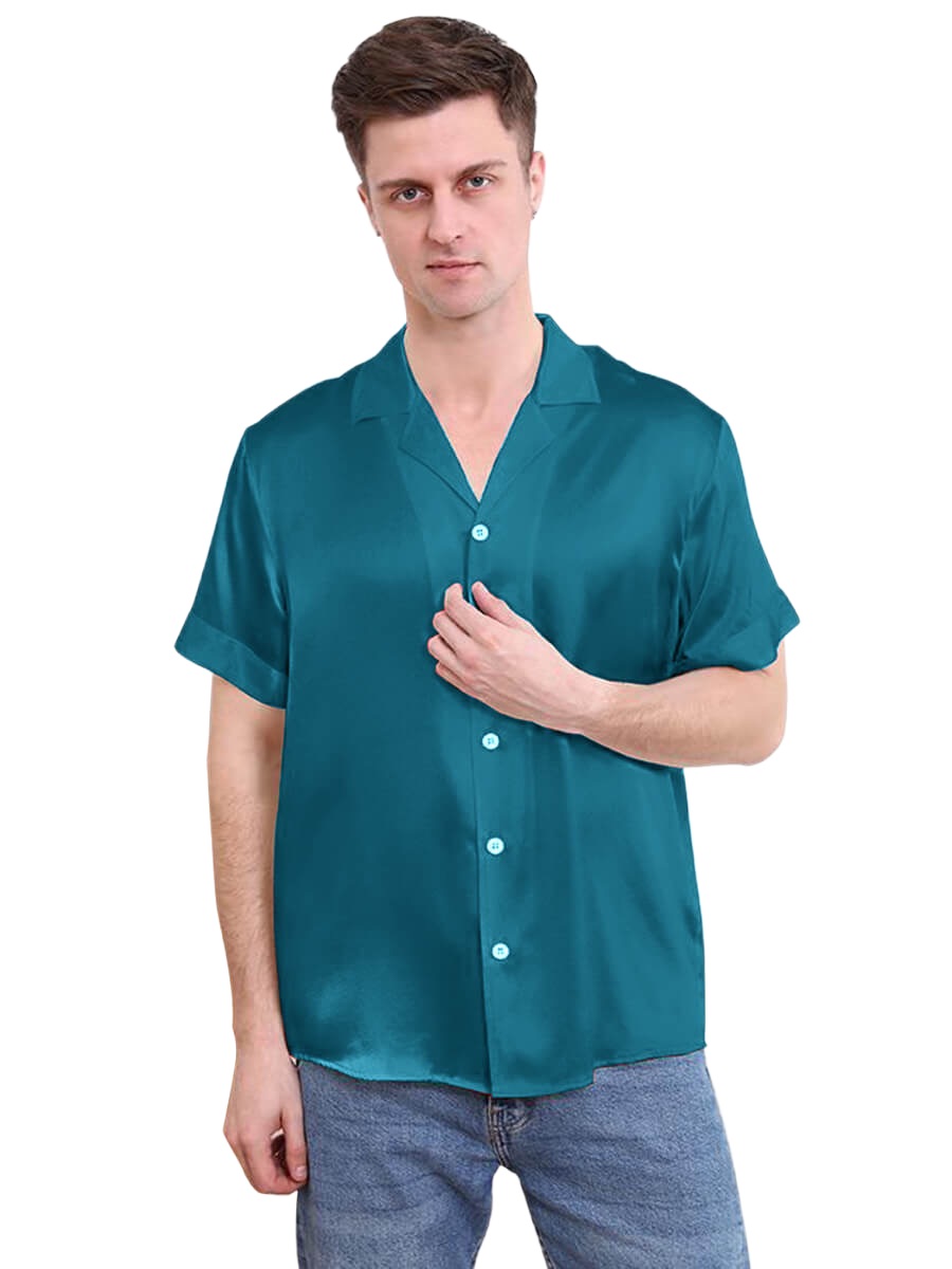 22 Momme Mens Short Sleeve Lapel Collar Silk Shirts