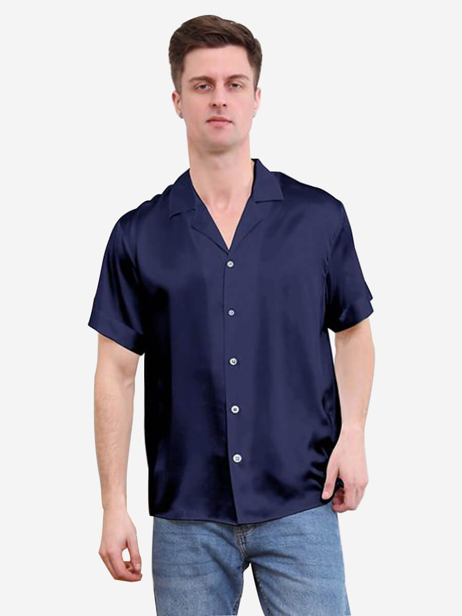 22 Momme Mens Short Sleeve Lapel Collar Silk Shirts