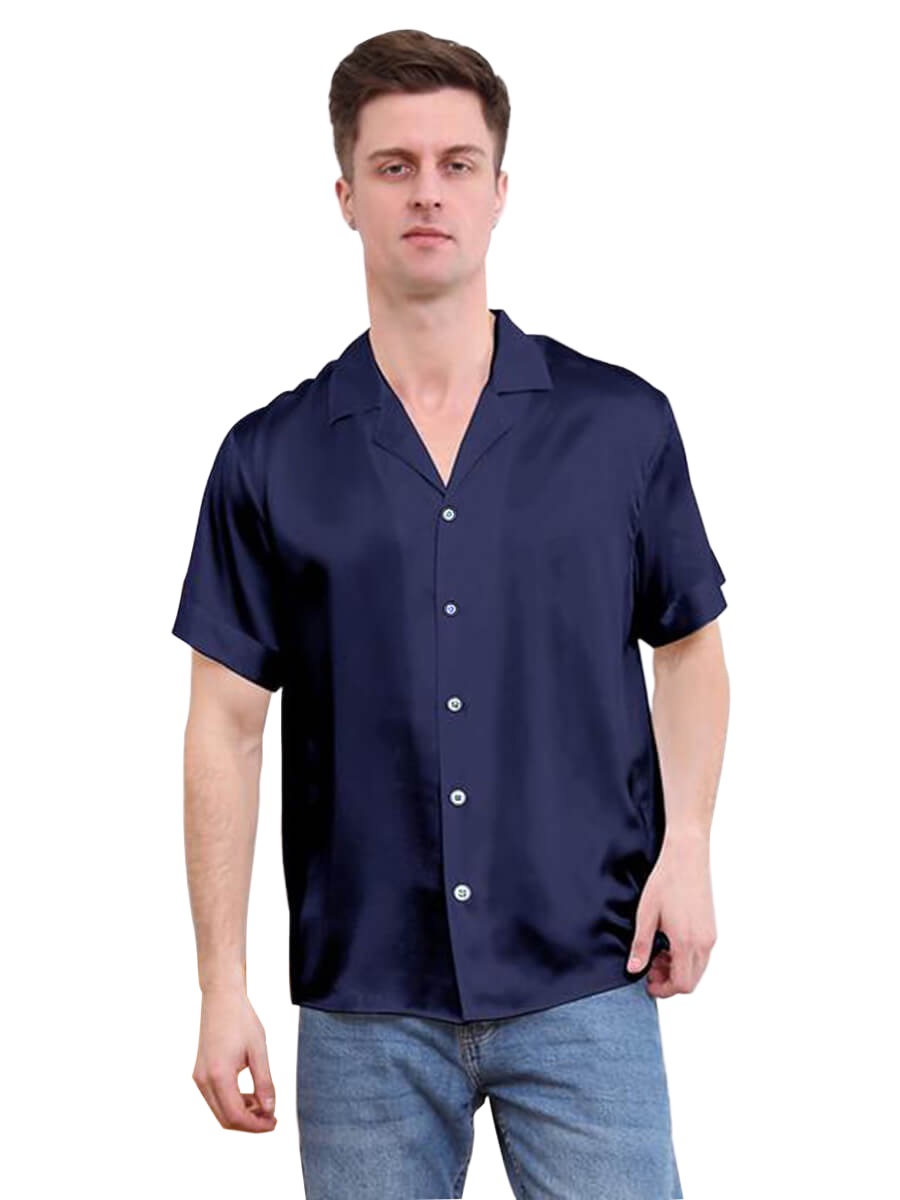 22 Momme Mens Short Sleeve Lapel Collar Silk Shirts