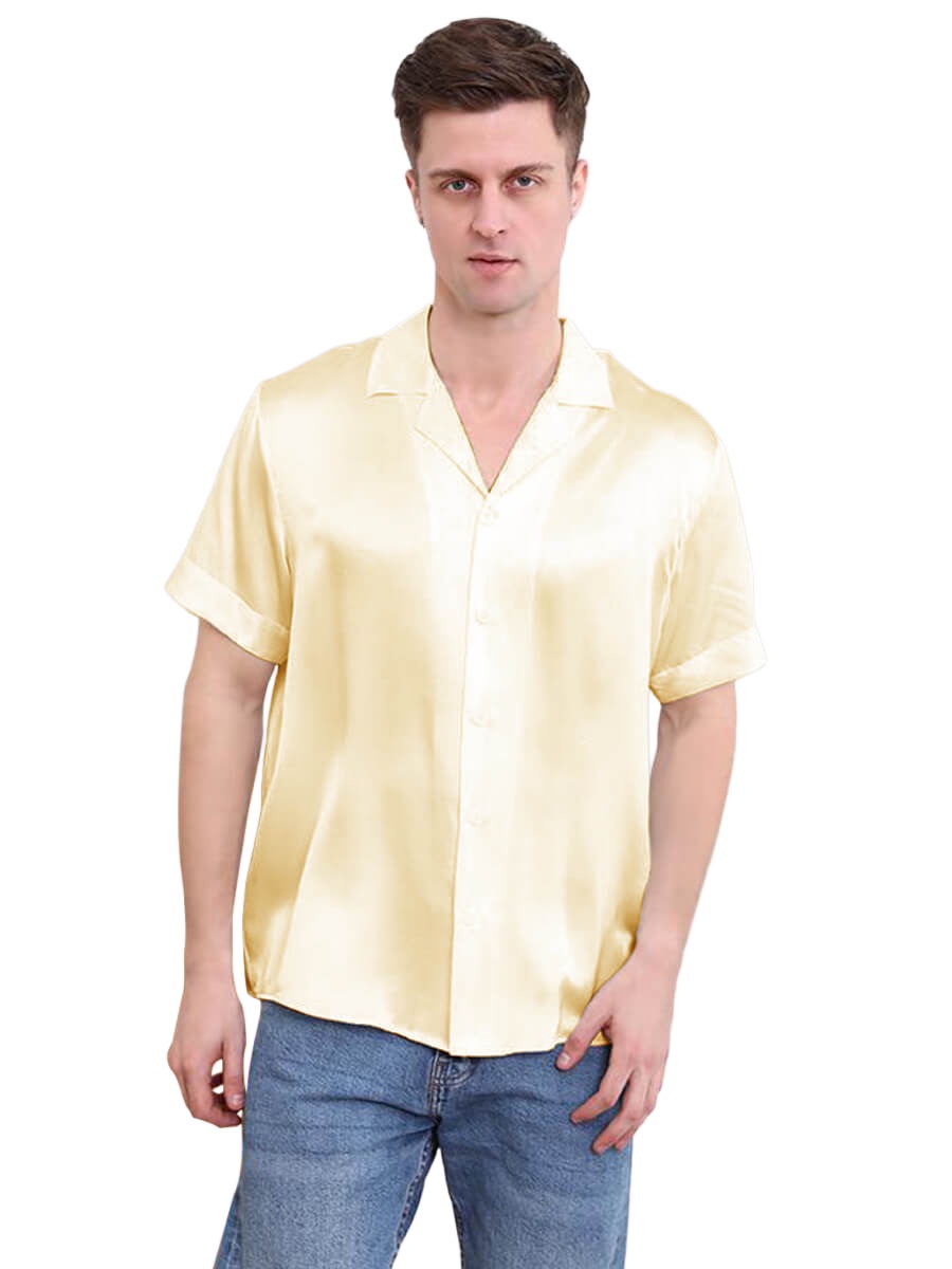 22 Momme Mens Short Sleeve Lapel Collar Silk Shirts