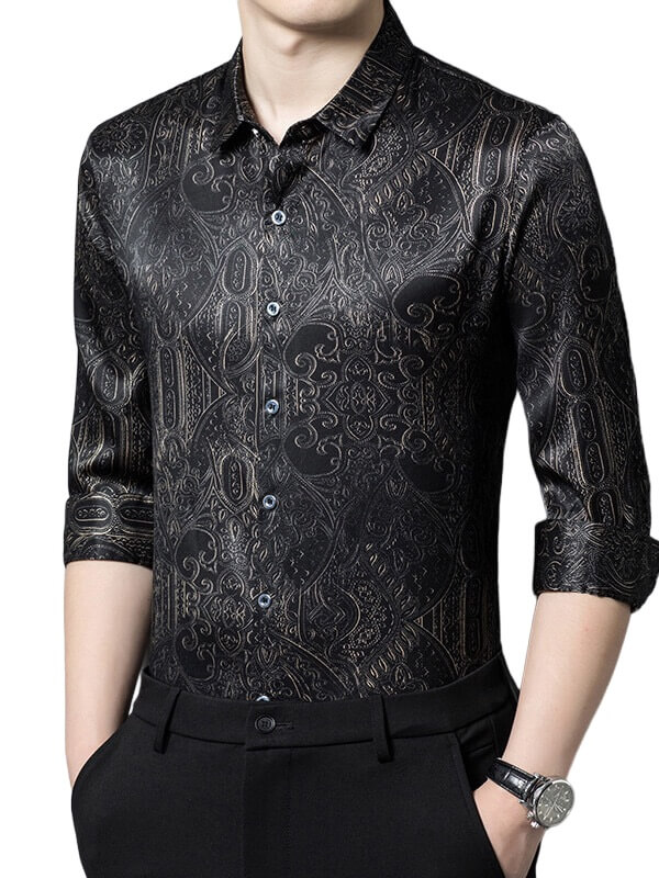 Black Paisley Printed Luxury Silk Shirt For Men