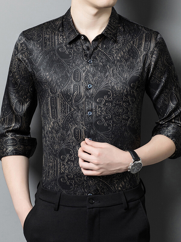 Black Printed Luxury Silk Shirt For Men