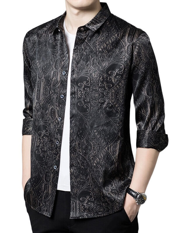 Black Paisley Printed Luxury Silk Shirt For Men