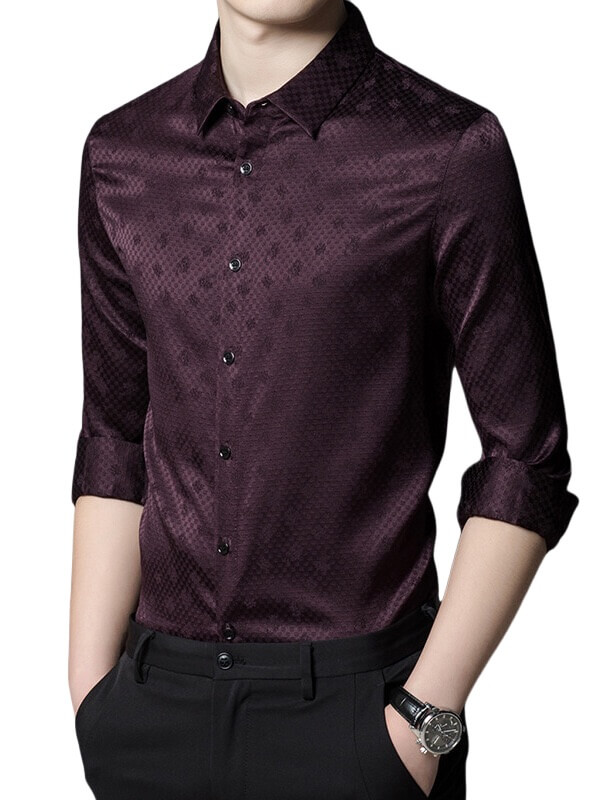 Men's Dark Wine Red Jacquard Silk Shirt