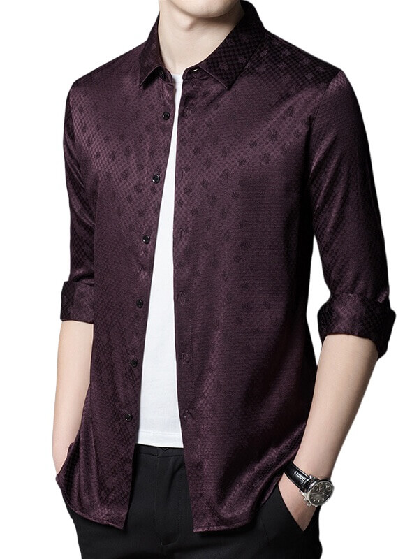 Men's Dark Wine Red Jacquard Silk Shirt