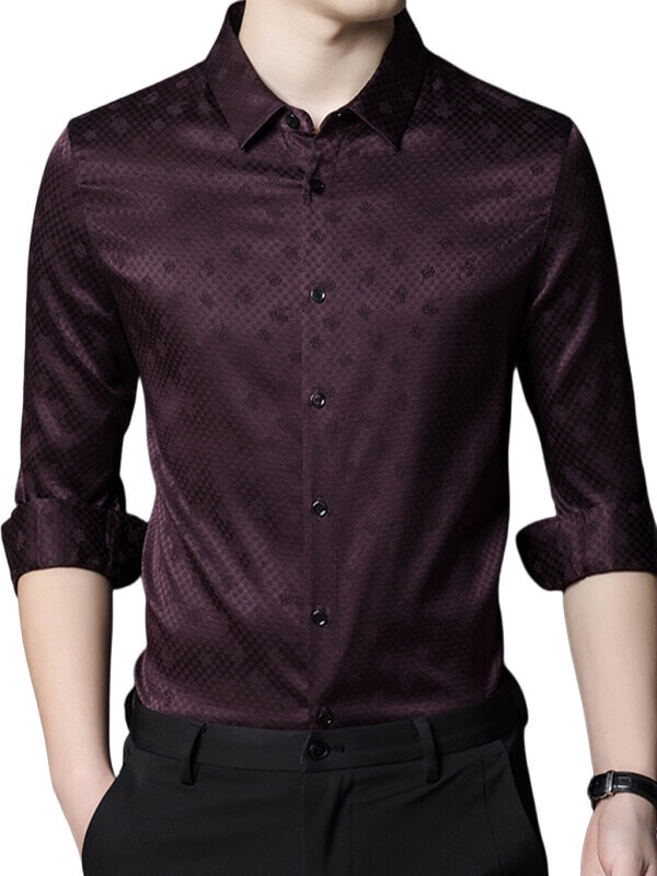 Men's Dark Wine Red Jacquard Silk Shirt