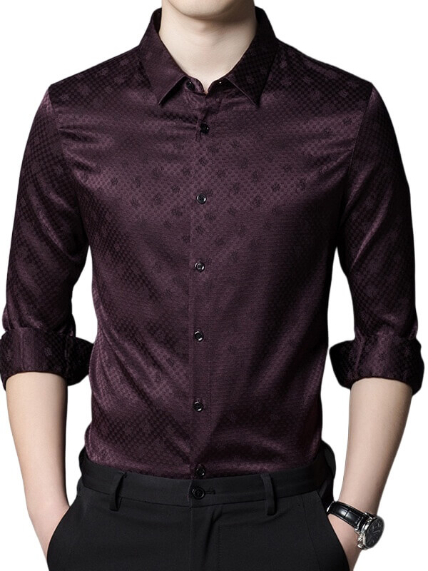 Men's Dark Wine Red Jacquard Silk Shirt